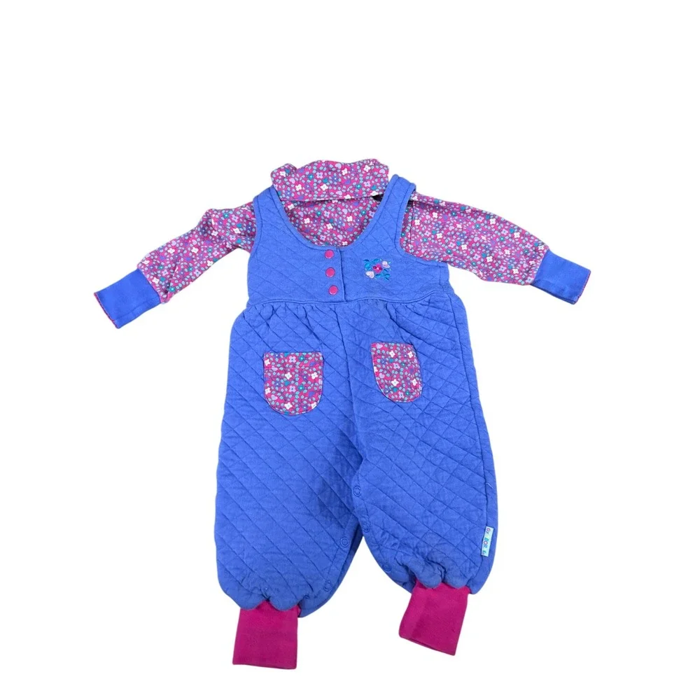 Vintage Gymboree Kids Purple Quilted Overalls Floral Top Set XS Made in USA 90s